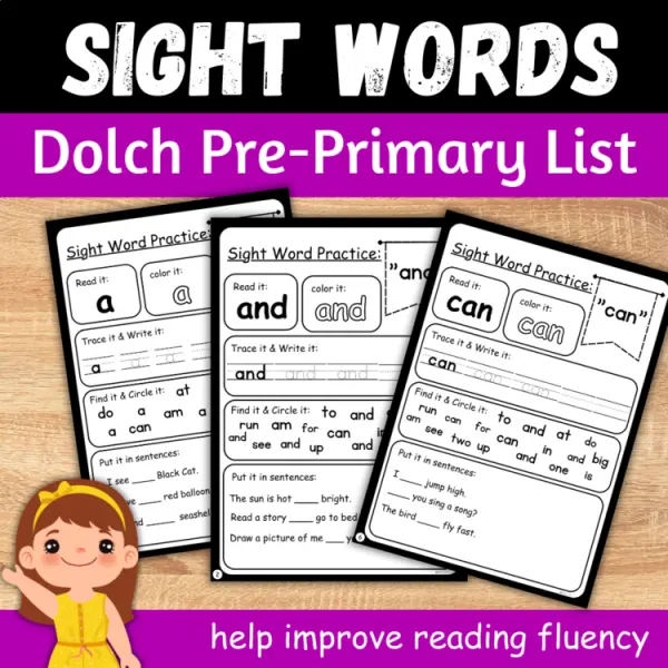 Cover of Dolch pre primer sight word worksheets for kindergarten and pre-K