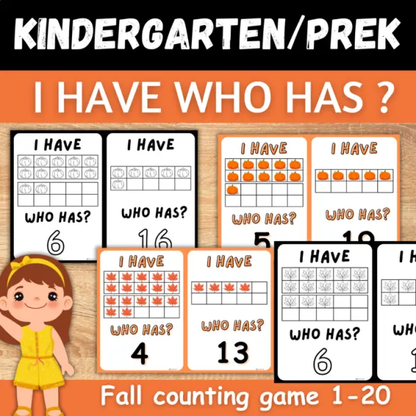 Cover of Fall I have Who has Numbers to 20 counting Ten frame math game for kindergarten.