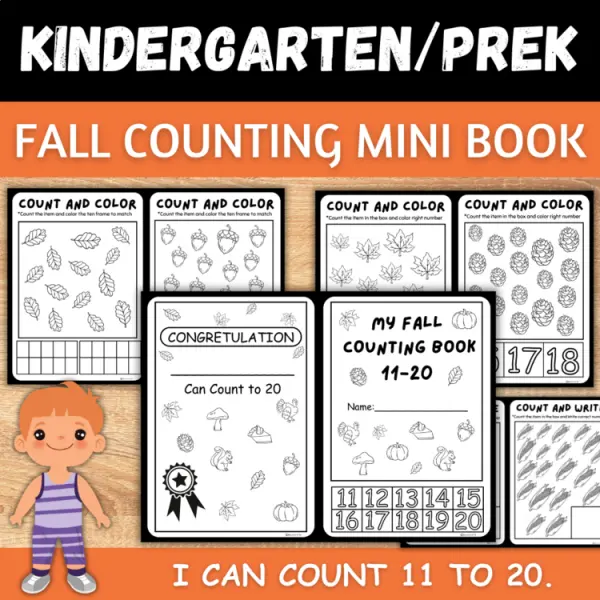 Cover of Fall Count and write how many 11 to 20 Math Worksheet For kindergarten.