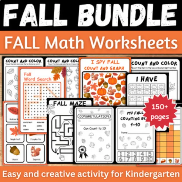 Cover of Fall Counting Math Worksheets and Early Finisher kindergarten Activities bundle