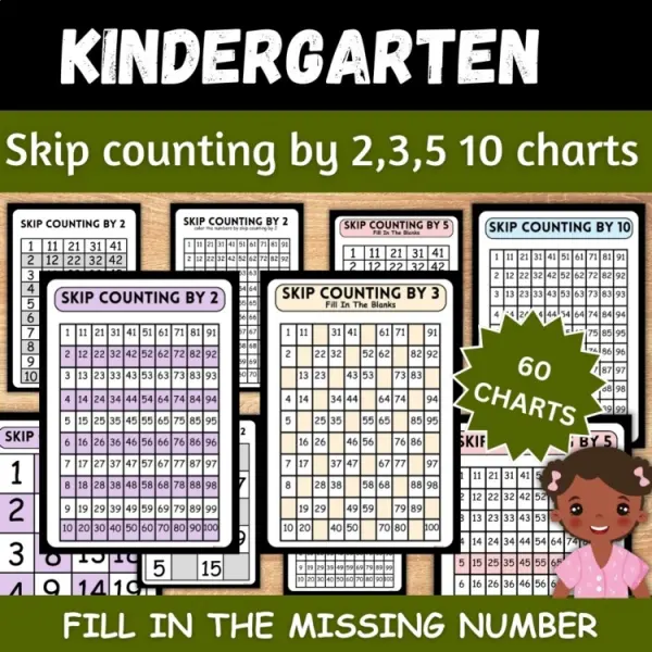 Cover of Skip Counting by 2,3,5,10 practice worksheets and chart posters for Math center