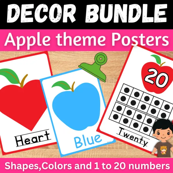 Cover of Numbers, 2D Shapes, and Color Posters Classroom Decor Bundle in an Apple Theme