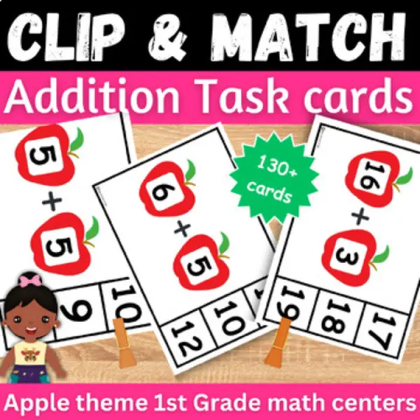Cover of Apple theme Addition to 20 fact fluency clip cards for math Center Task cards.