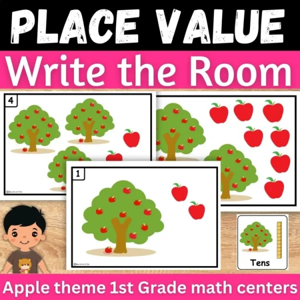 Cover of Place value tens and ones Fall Apple theme write the room 1st Grade Math Center