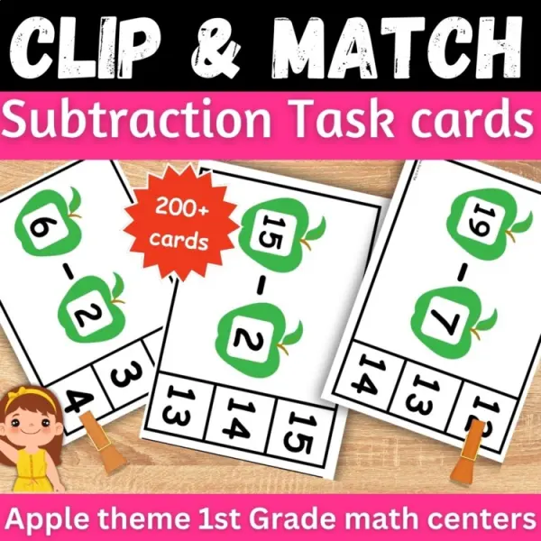 Cover of Apple theme Subtraction to 20 fact fluency clip cards for math Center Task cards
