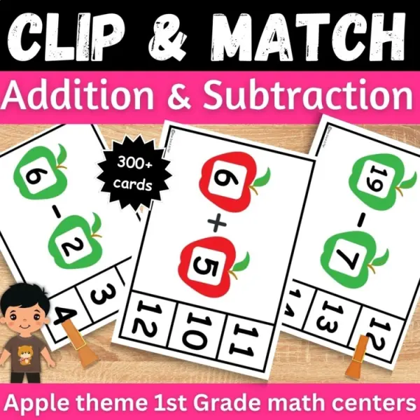 Cover of Addition & Subtraction to 20 fact fluency clip cards for math Center Task cards