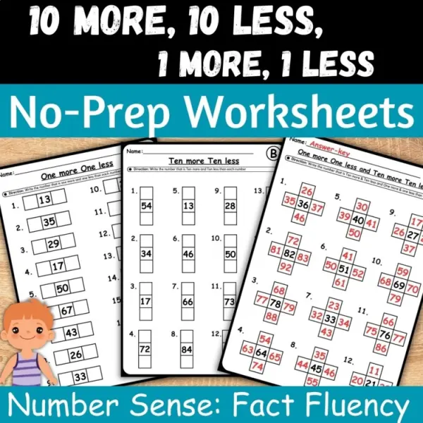 Cover of 10 more 10 less 1 more 1 less Morning worksheet 1st Grade math center No PREP