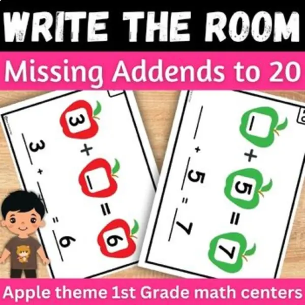 Cover of Missing Addends to 20 write the room addition fact fluency apple math center