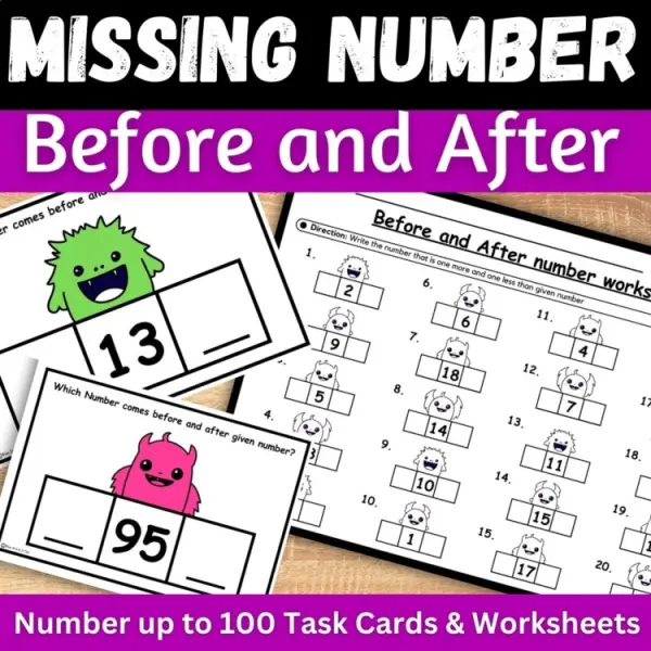 Cover of Before and After Numbers to 100 worksheets and Task cards Halloween math center