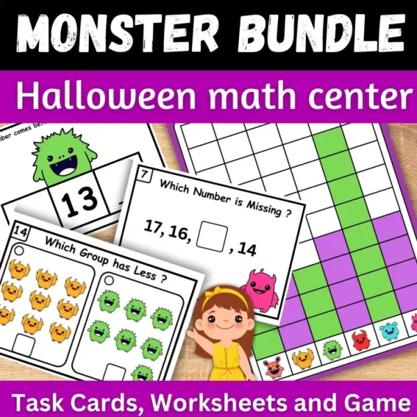 Cover of halloween Monster math missing number Task card Worksheet and I spy game bundle