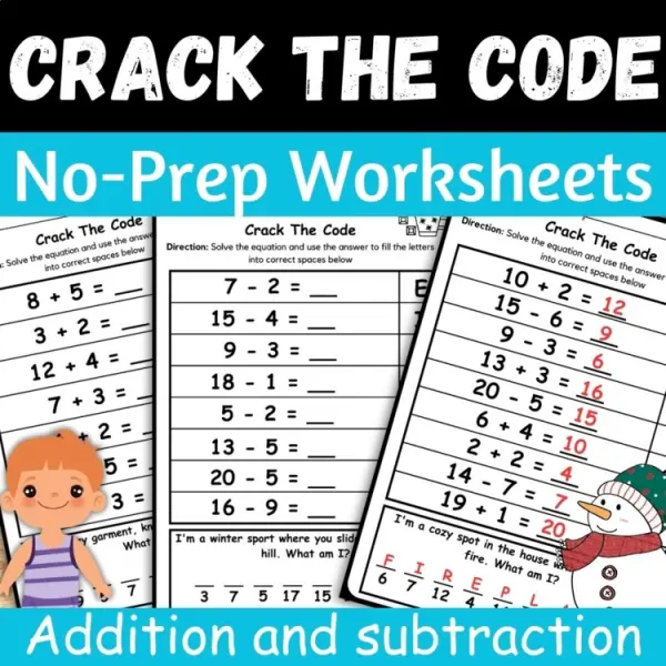 Cover of Winter Crack the code Math Addition and subtraction within 20 worksheets NO PREP