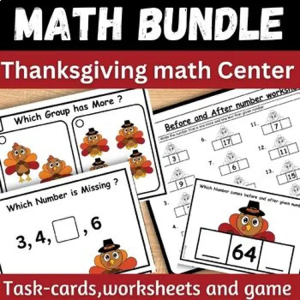 Cover of Thanksgiving Taskcards and Worksheet Kindergarten Turkey math activity packet