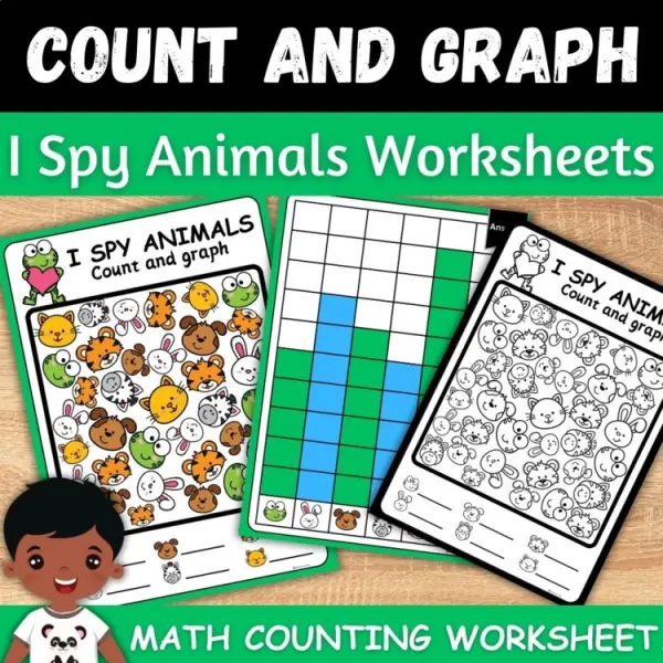 Cover of I spy Animals: count, write how many and graph math worksheets for kindergarten.