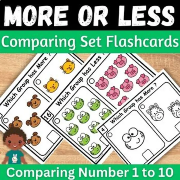 Cover of More or Less counting and comparing to 10 Animal Kindergarten Math Task cards.