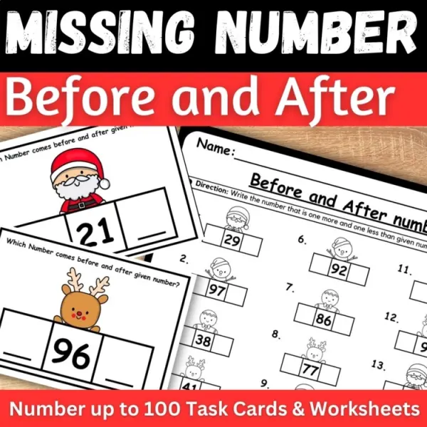 Cover of Christmas Math Before and After Numbers worksheets & Task cards 1 more 1 less