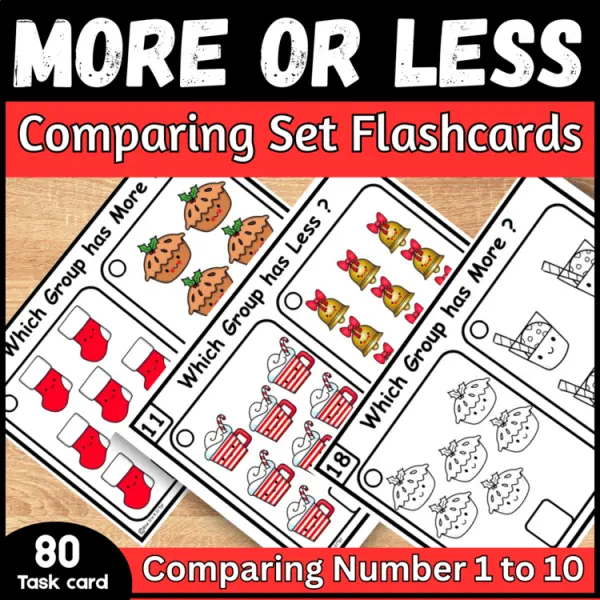 Cover of Christmas Math More or Less counting and comparing to 10 Kindergarten Task cards