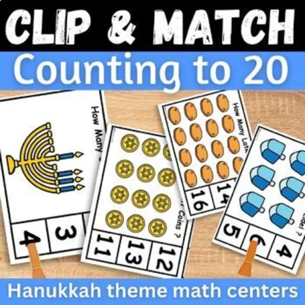 Cover of Hanukkah counting to 20 clip cards Matching number to quantities Math Task cards