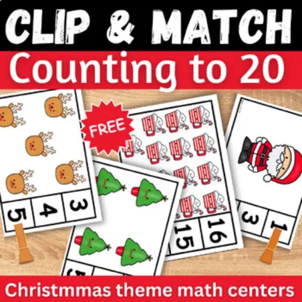Cover of Christmas Counting to 20 clip cards matching numbers to Quantities math Freebie