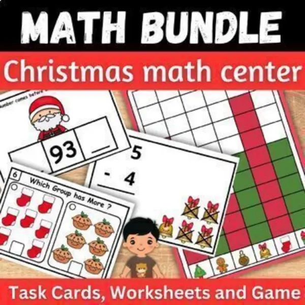 Cover of Christmas math missing number Task card I spy game Worksheet Activity bundle