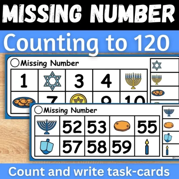 Cover of Hanukkah Math Missing number to 120 1st grade Game center Task cards