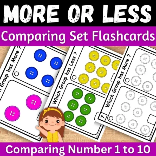 Cover of More or Less Kindergarten counting and comparing to 10 Buttons Math Task cards.