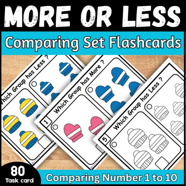 Cover of Winter Math More or Less counting and comparing to 10 Kindergarten Task cards