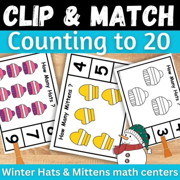 Cover of Winter Matching numbers to quantities Math Task cards counting to 20 clip cards