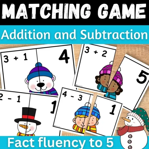 Cover of Winter Math Addition and subtraction within 5 Matching game for Kindergarten