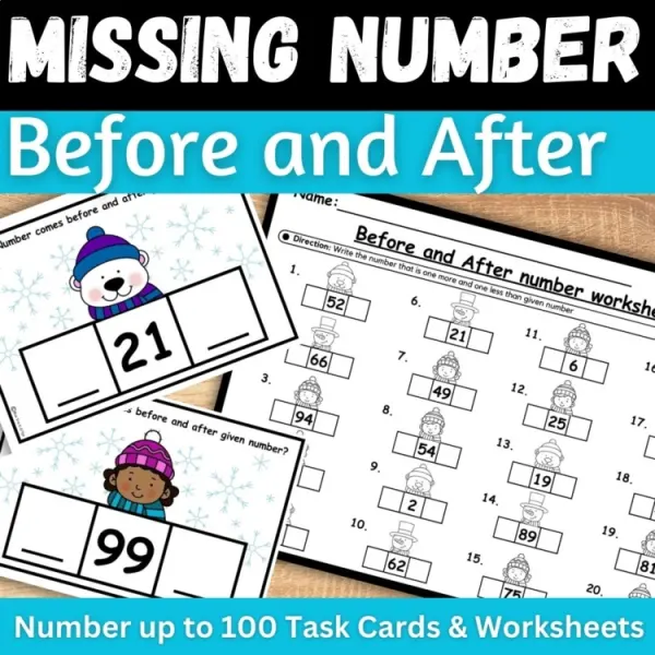 Cover of Winter Math Before and After Numbers worksheets & Task cards 1 more 1 less