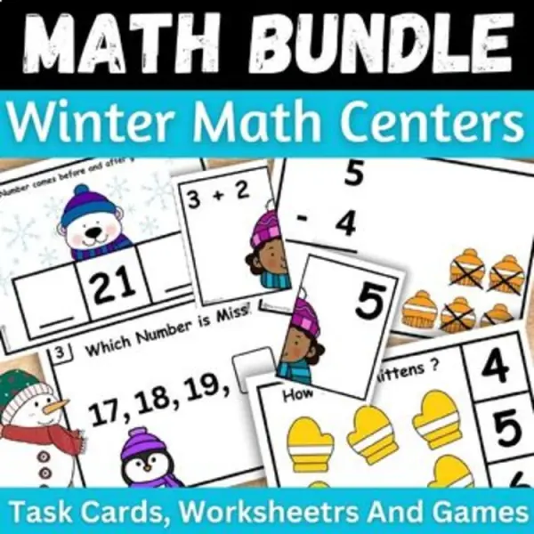 Cover of Winter math Centers Missing number, Addition and Subtraction to 5 Game Bundle