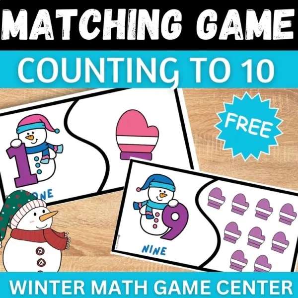 Cover of Winter Snowmen Counting to 10 matching numbers to Quantities math Freebie
