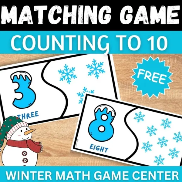 Cover of Winter Snowflakes Counting to 10 matching numbers to Quantities math Freebie