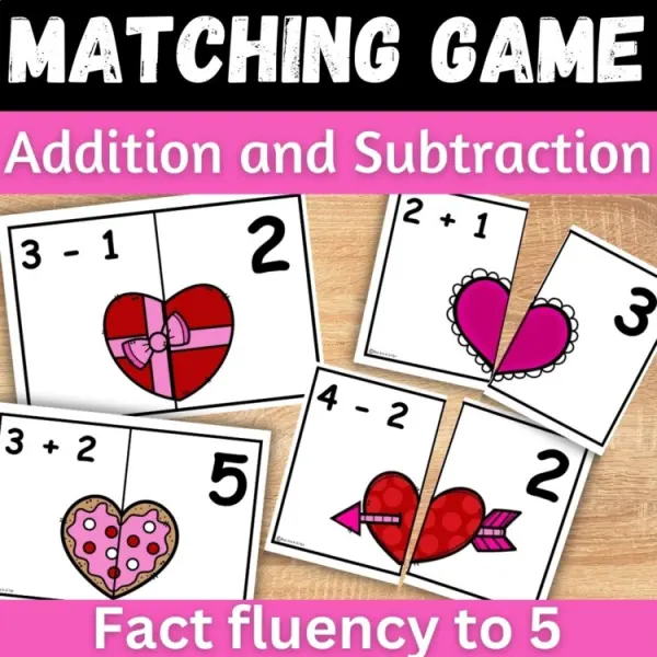 Cover of Valentine’s day Addition and subtraction within 5 Matching game for Kindergarten