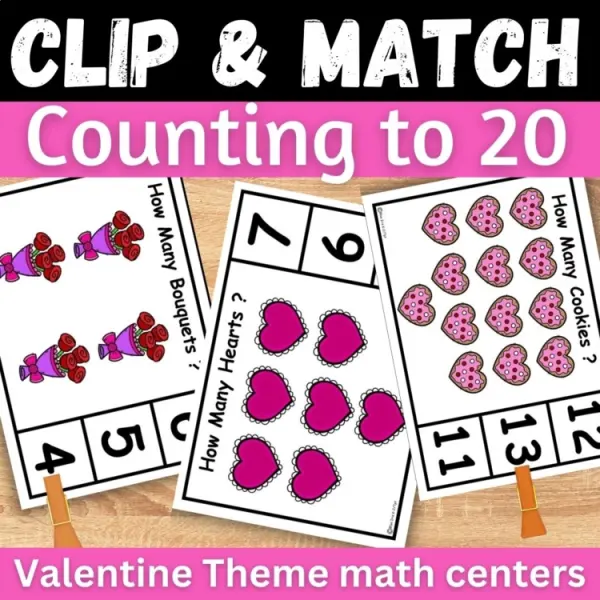 Cover of Valentine’s day Matching numbers to quantities Math counting to 20 clip cards