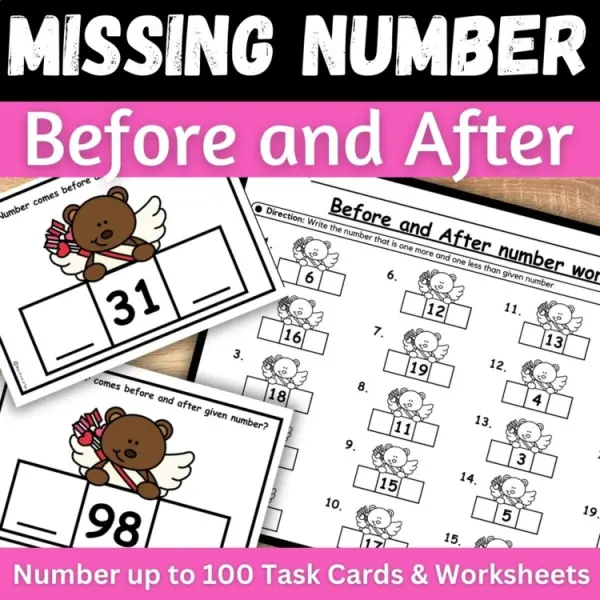 Cover of Valentine’s Day Math Before & After Numbers worksheets, Task cards 1 more 1 less