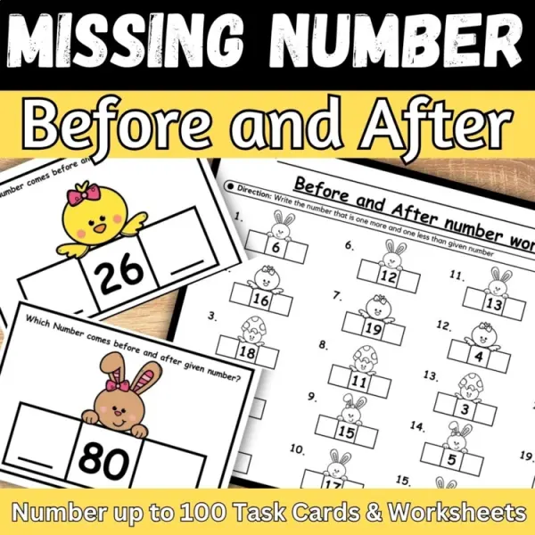 Cover of Easter Math Before and After Numbers worksheets & Task cards 1 more 1 less