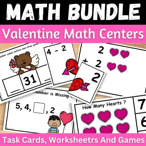 Cover of Valentine’s Day math Center Missing number Addition & Subtraction Game Bundle