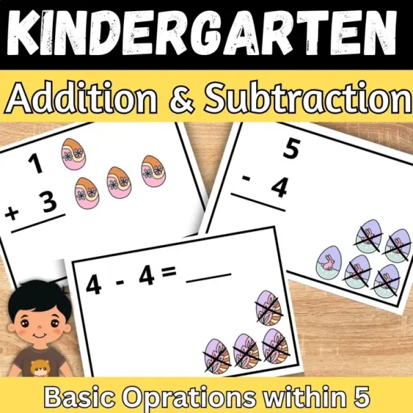 Cover of Easter Addition & subtraction fact within 5 Kindergarten Spring Math Game Center