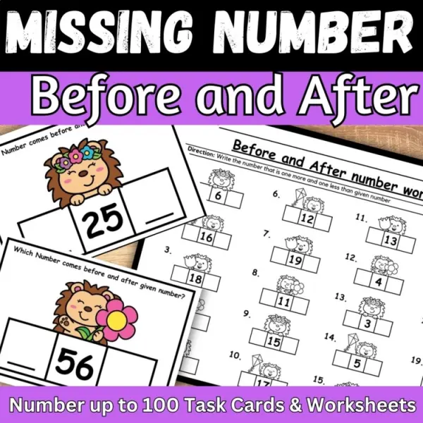 Cover of Hedgehog Math Before and After Numbers worksheets & Task cards 1 more 1 less