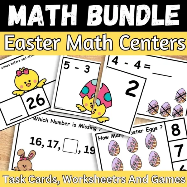 Cover of Easter Math Center Missing number, Addition & Subtraction Spring Activity Bundle