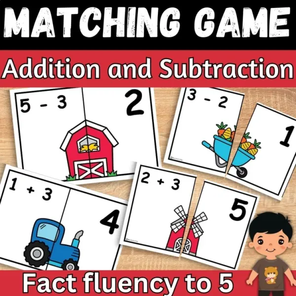 Cover of Farm Theme Math Addition and Subtraction within 5 Matching game for Kindergarten