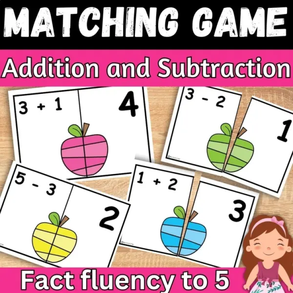 Cover of Fall Apple Math Addition and Subtraction within 5 Matching game for Kindergarten