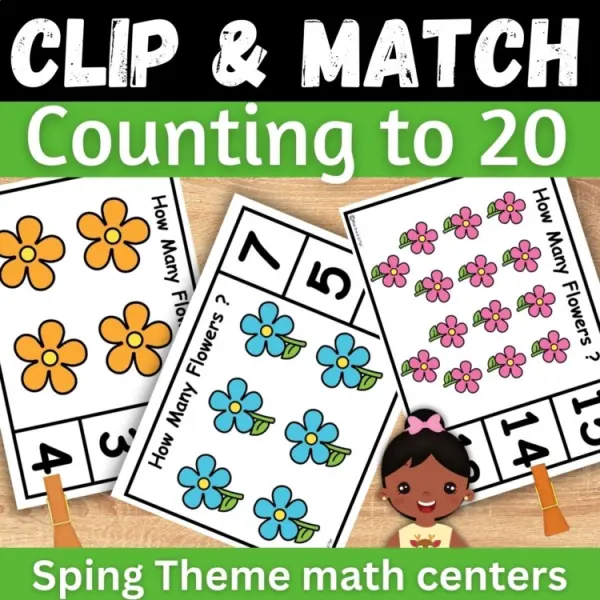 Cover of Spring Flower Matching numbers to quantities Math counting to 20 clip cards