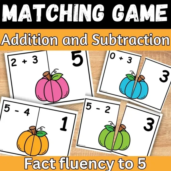 Cover of Fall Pumpkin Math Addition & Subtraction within 5 Matching game for Kindergarten