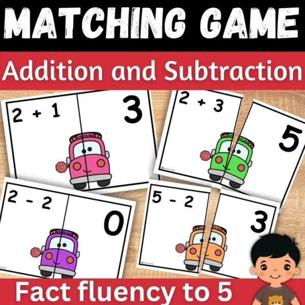 Cover of School Bus Math Addition and Subtraction within 5 Matching game for Kindergarten