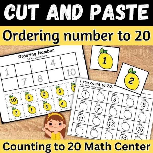 Cover of Ordering Numbers to 20 Cut and paste Worksheets Summer Math Counting Activity