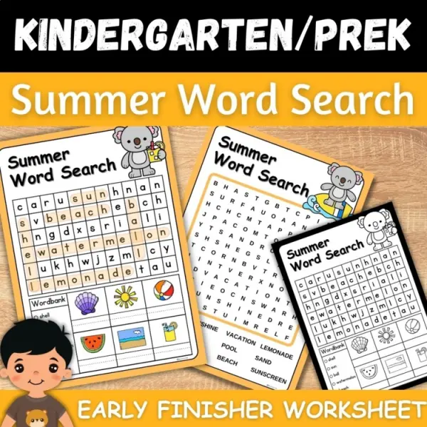 Cover of Free Summer Word Search Puzzle: Kindergarten Early Finisher vocabulary Activity