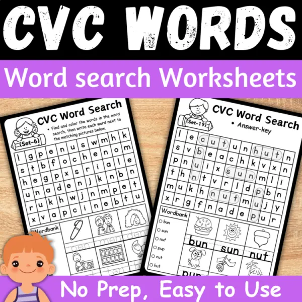 Cover of CVC Word Search Worksheets: No Prep Words With Pictures Kindergarten Activity