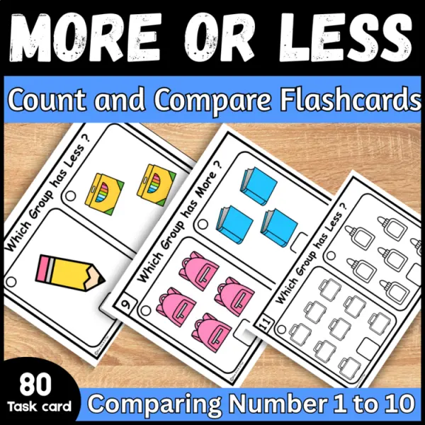 Cover of Back to School More or Less comparing Numbers to 10 Kindergarten Math Task cards