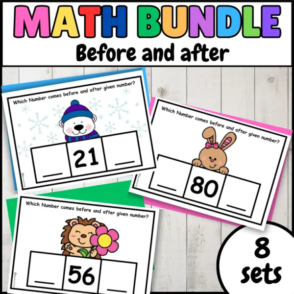 Cover of Before and After number worksheets & Task Cards Math Bundle for Kindergarten